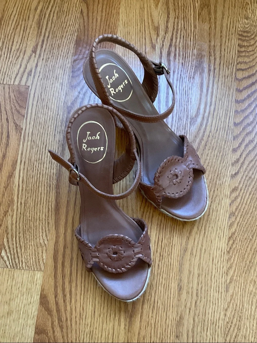 Jack Rogers Cognac Leather Classic Wedge Sandals
